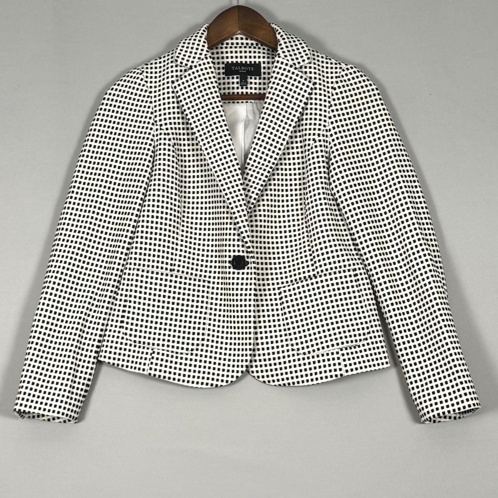 Talbots Blazer Womens P Black White Gingham NWOT One Button Petite Jacket
